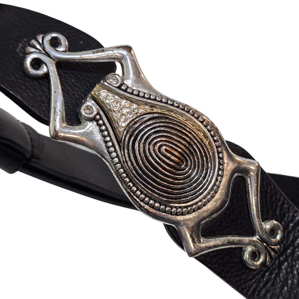 Chico's Adjustable‎ Belt M/L 3D Frog Silver gold Buckle Black Leather Boho Artsy